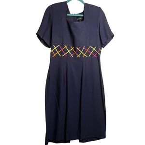Vintage‎ 90s USA Made Rainbow Embroidery Navy Blue Sheath Midi Dress LARGE/10